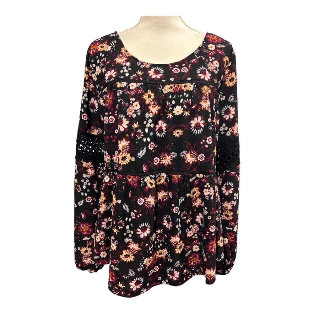 Artesia Top Black Dark Floral Crochet Detail Tunic Low Tie Back Boho Hippie